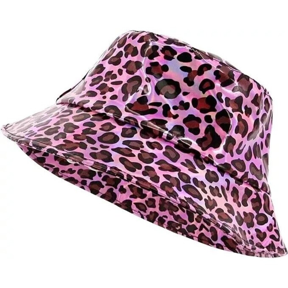 Fashion Hologram Bucket Hat Waterproof Cap Travel Hat, Pink Cheetah Print - Picture 3 of 6